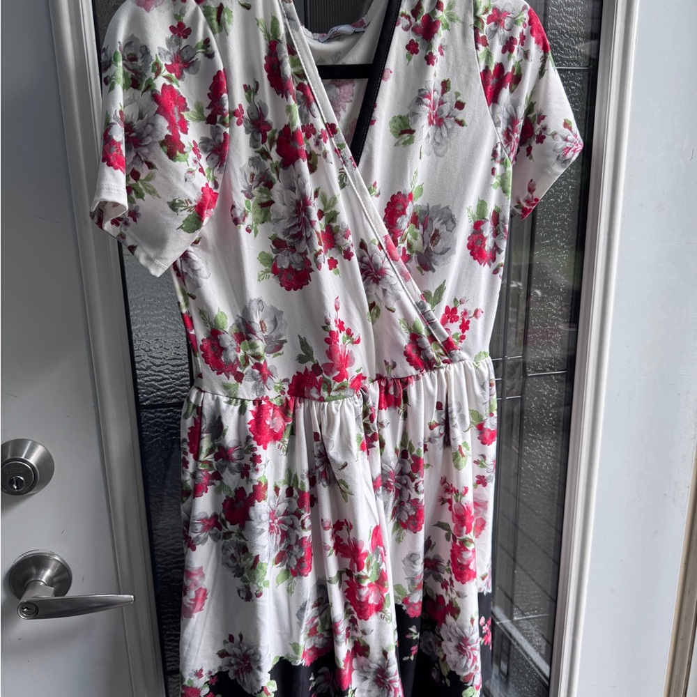 White Birch Floral Wrap Midi Dress - White, Red, Gray